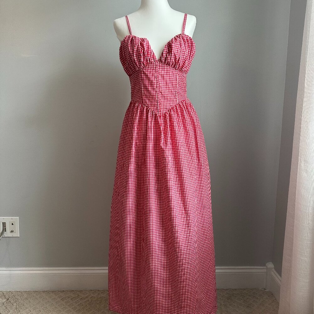 Red Gingham Maxi Dress with Sweetheart Neckline